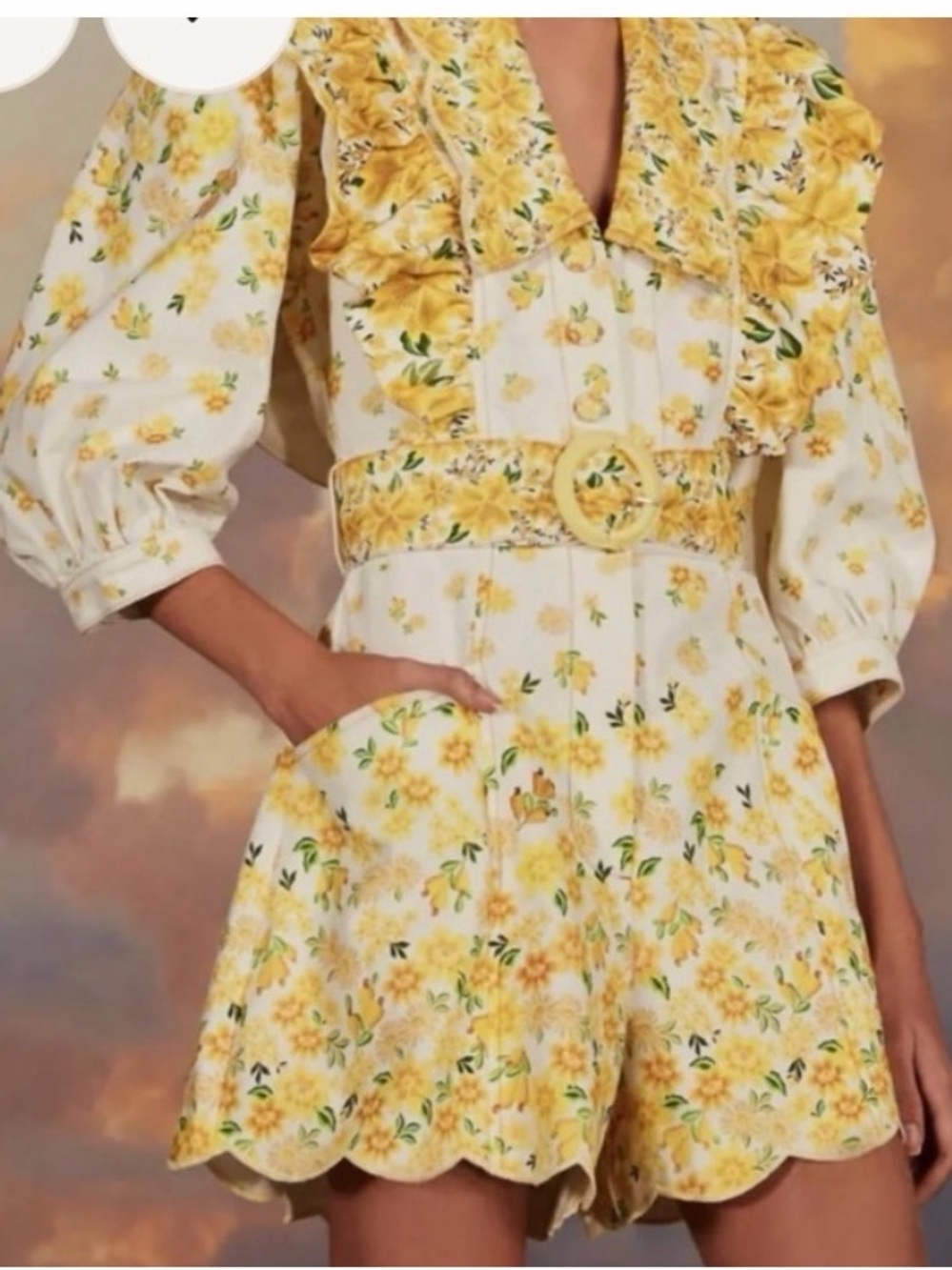 FARM Rio Yellow Floral Scalloped Romper with Belt